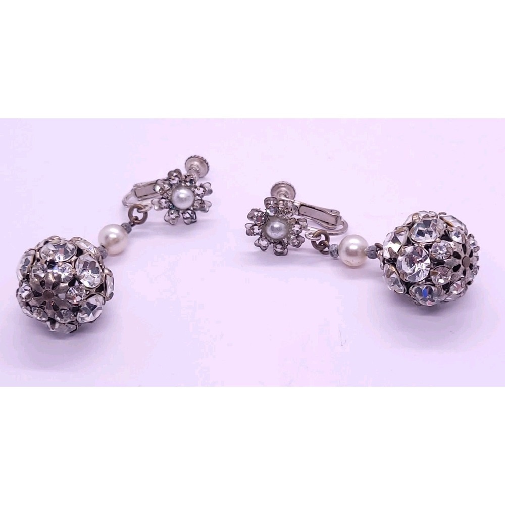 Vintage Miriam Haskell Rhinestone Ball Faux Pearl Dangle Clip Earrings Signed